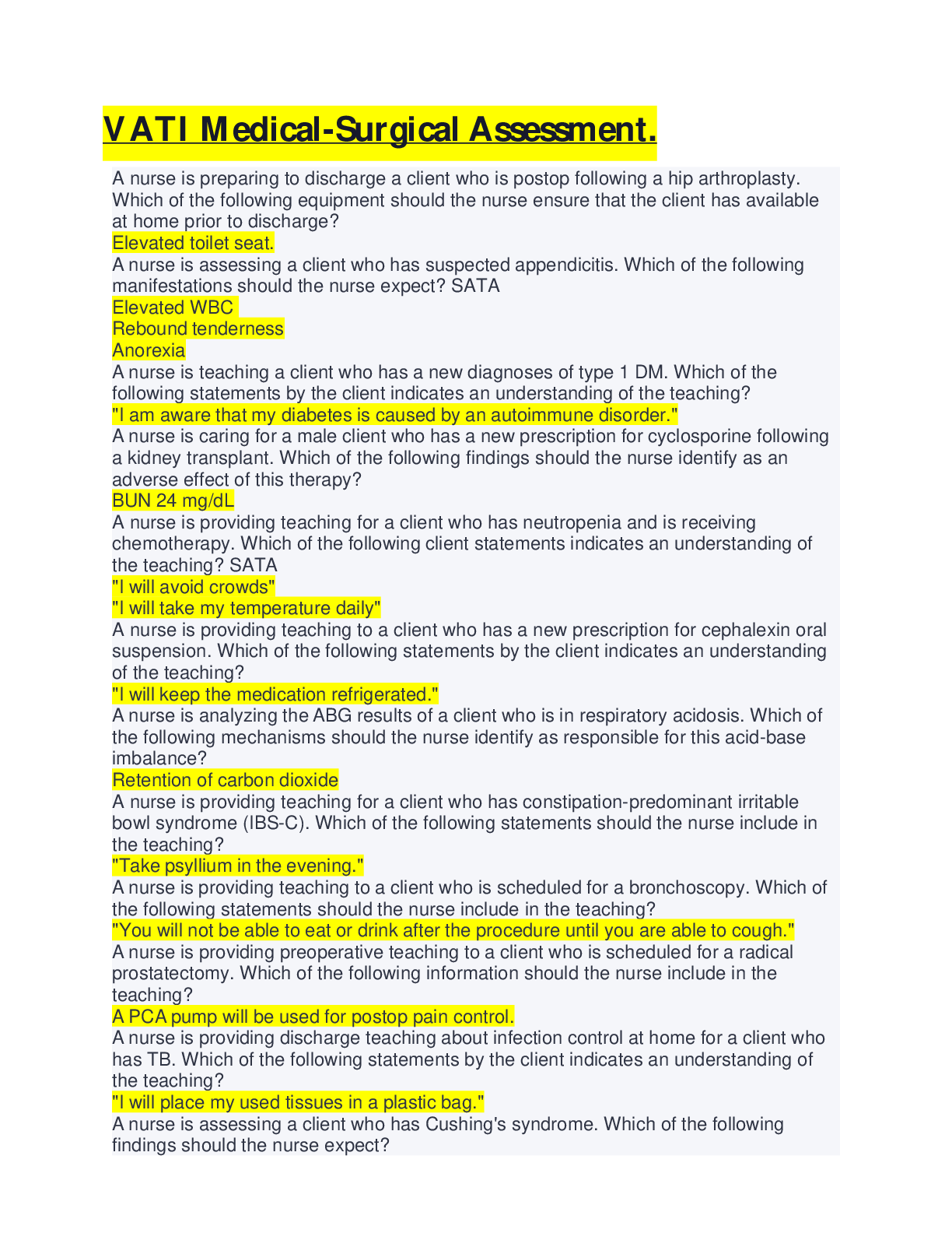 Recommended document preview for VATI Medical-Surgical Assessment VERIFIED 100%.